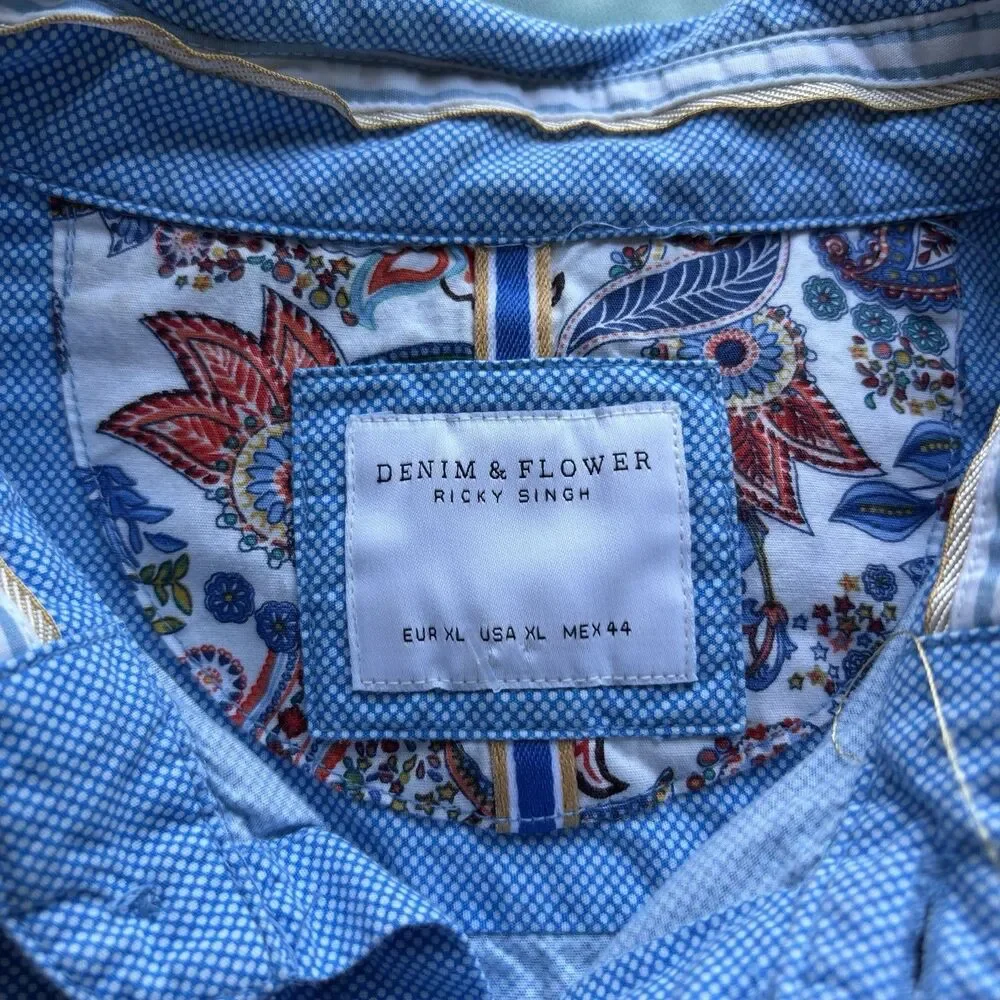 Denim & Flower Men's Short Sleeve Contrast Paisley Trim Button-Down Shirt